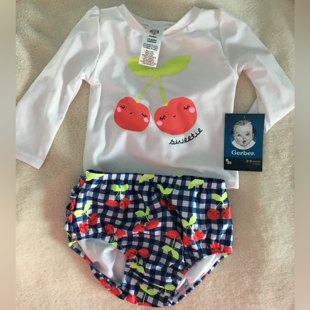 Size 3-6 months baby swimsuit bathing suit cherries girl ruffles white green red